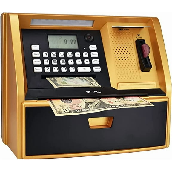 Talking ATM Savings Bank, Digital Piggy Bank, ATM Money Coins Machine for Kids Birthday Gift (Black/Golden)
