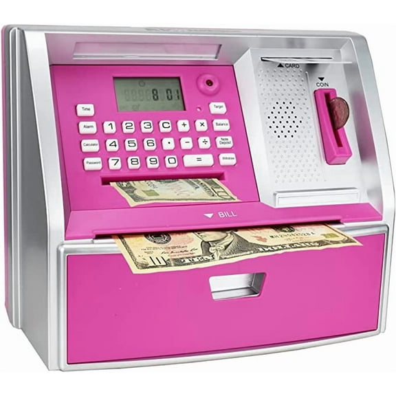 Talking ATM Savings Bank, Digital Piggy Bank, ATM Money Coins Machine for Kids Birthday Gift (Pink/Silver)