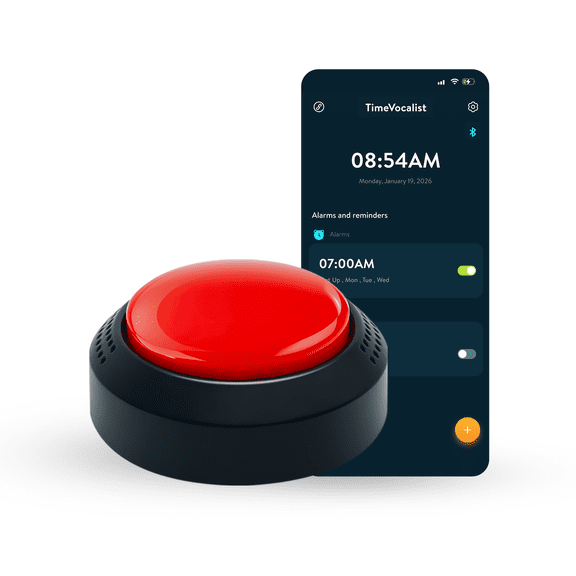 ‌TimeVocalist Extra Large Talking Alarm Clock Button with One-Touch Operation, Optional App, Multiple Alarms & Voice Reminders