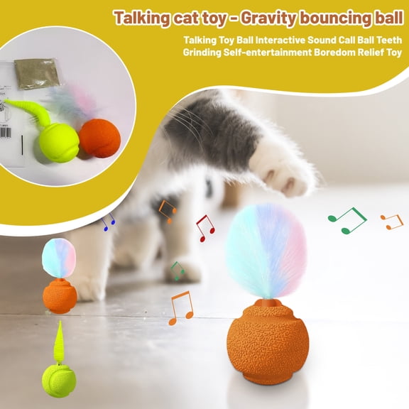 Talking Cat Toy Ball Interactive Sound & Motion Cat Toy, 2-Pack Sound-Making Balls With Feather Teaser & Tail Attachment, Catnip Powder Included, Self-Entertainment Teething Toy