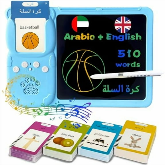 Talking English & Arabic Flash Cards - 8" LCD Writing Tablet for Kids 3-12,Bilingual 510 Sight Words,Toddler Pocket Speech,Drawing Sketch Pad,Autism Toys for Boy (Arabic - Blue)