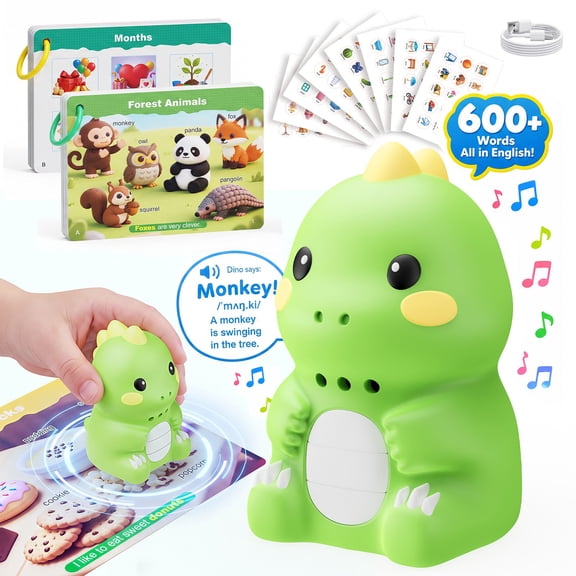 Talking Flash Cards Reader Dinosaur Learning Toy for Toddlers 2-6, Screen Free Educational Toy, Preschool Interactive Reading Toy, Rechargeable Gift for Boys Girls, Green