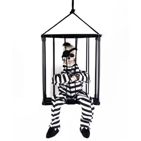 Talking Prisoner Pendant Red Glowing Eyes Striped Clothing Voice Activated Scary Battery Powered Haunted House Prop Festival Decor Wall Window Garden Halloween Caged Skeleton Prisoner