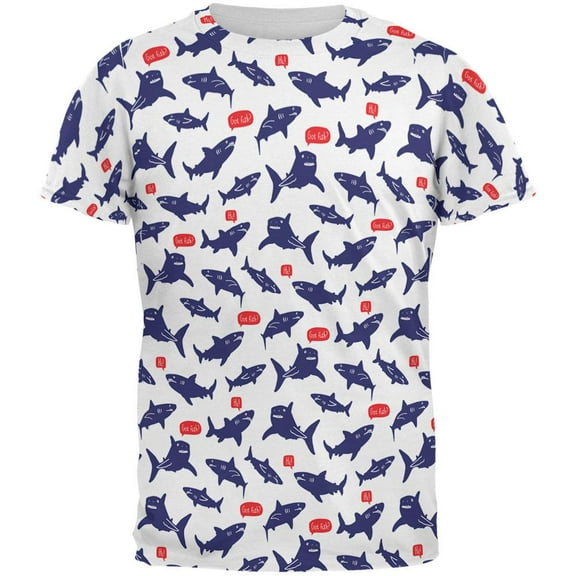 Talking Sharks Got Fish Repeat Pattern All Over Mens T Shirt White SM