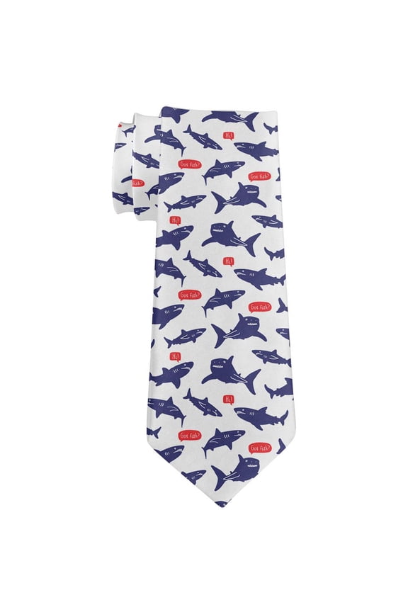 Talking Sharks Got Fish Repeat Pattern All Over Neck Tie White Standard One Size