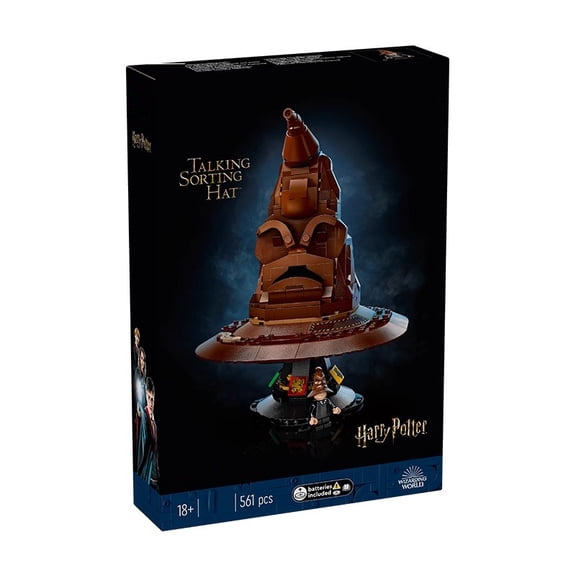Talking Sorting Hat Building Kit for Adults – 561Pcs Magical Wizard Hat with Voice Function, LED Base & Mini Figures, Compatible with Major Brands, 18+ Collectible Model