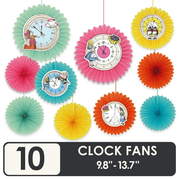 Talking Tables 10 x Reusable Alice in Wonderland Party Decorations Paper Hanging Clock Fans Colourful Kids Birthday Room Dcor Mad Hatter Tea Party Decorations Onederland Baby Shower