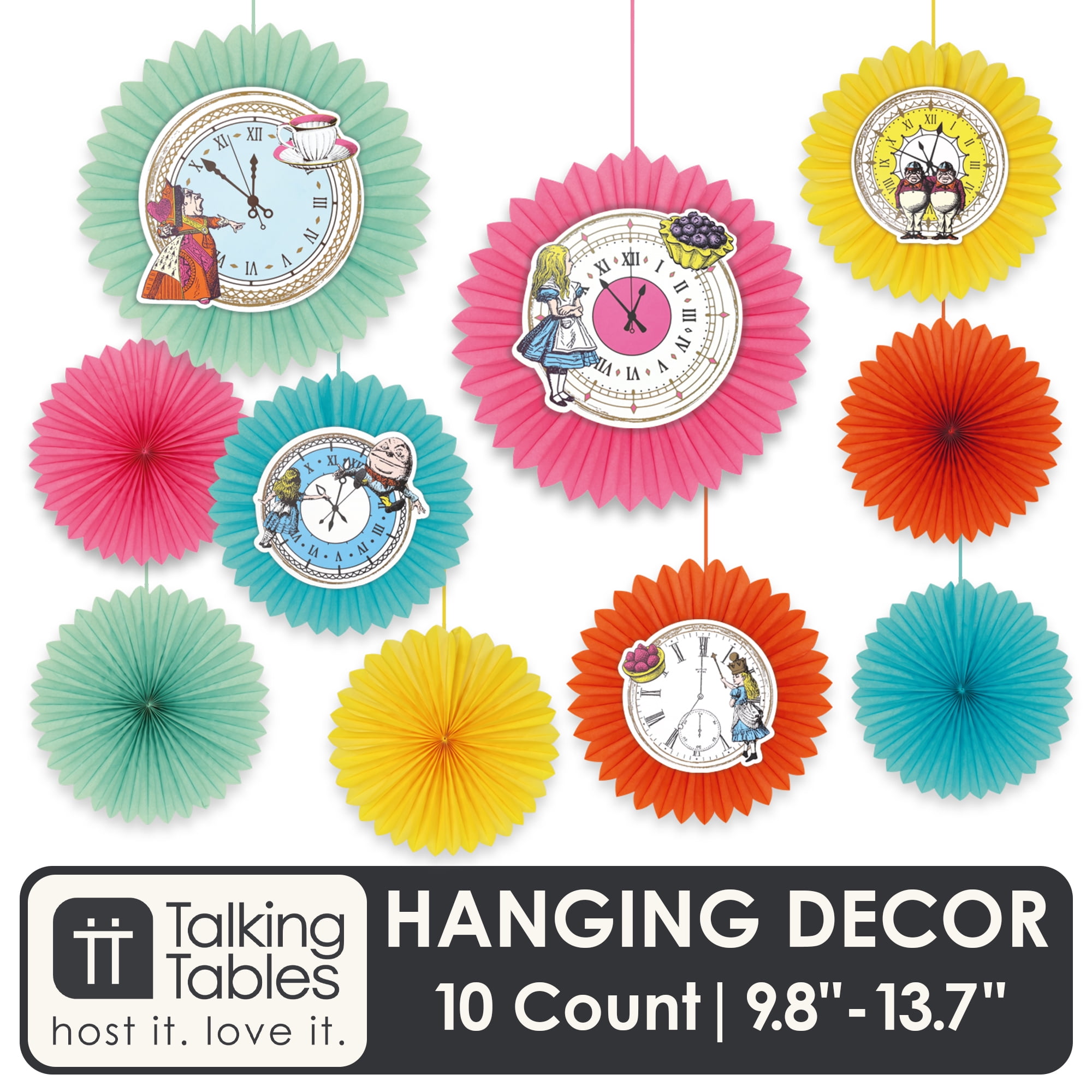 Talking Tables 10 x Reusable Alice in Wonderland Party Decorations Paper Hanging Clock Fans Colourful Kids Birthday Room Dcor Mad Hatter Tea Party Decorations Onederland Baby Shower