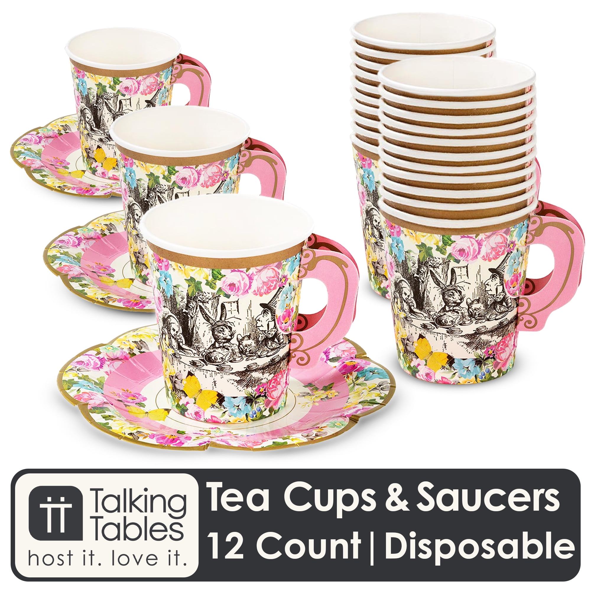 Talking Tables 12 x Alice in Wonderland Paper Tea Cups with Handles and Saucers, Mad Hatter Party Supplies for Tea Party or Birthday