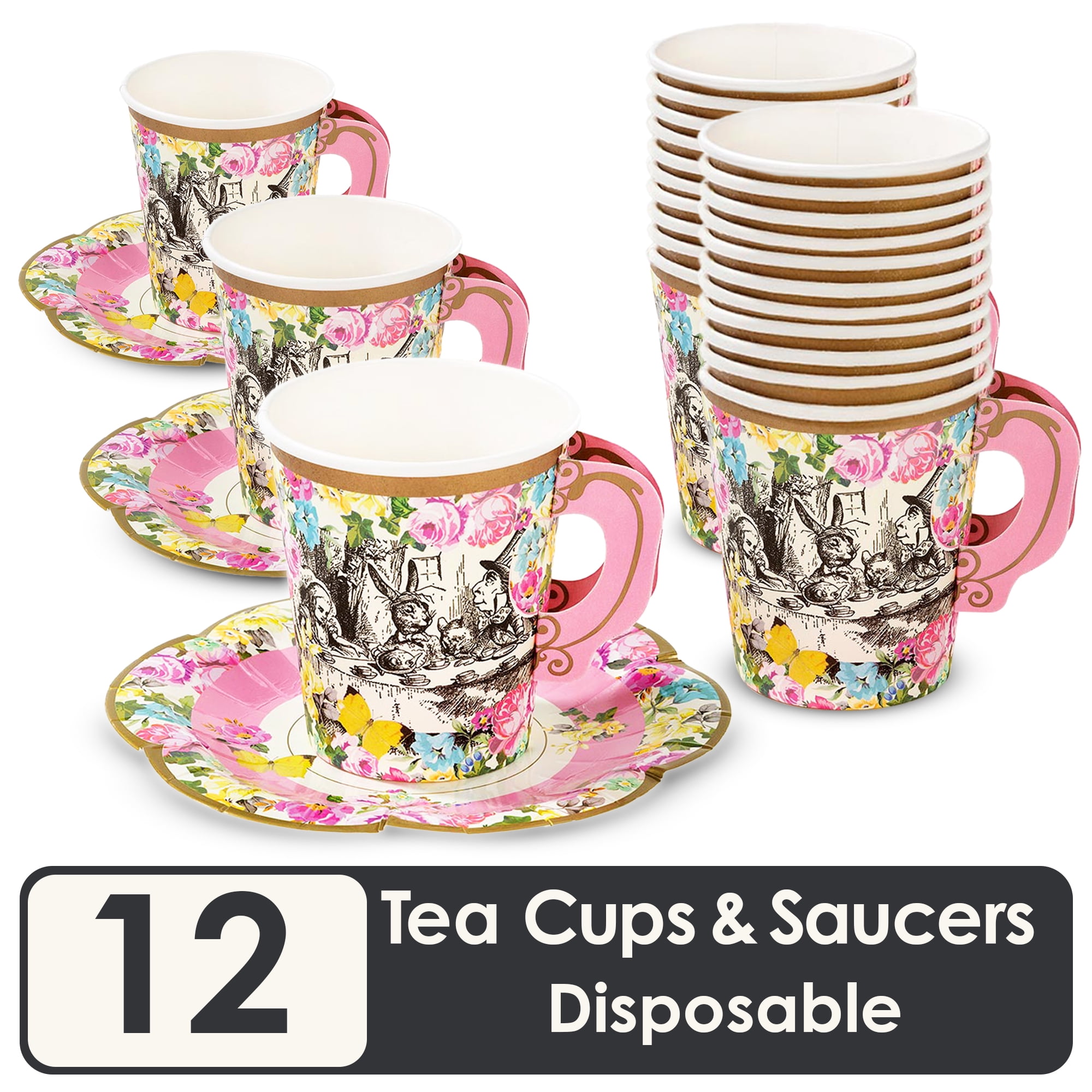 Talking Tables 12 x Alice in Wonderland Paper Tea Cups with Handles and Saucers, Mad Hatter Party Supplies for Tea Party or Birthday