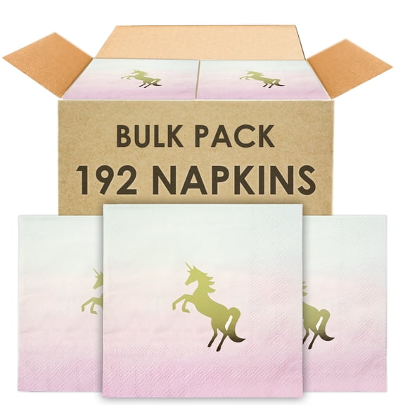 Talking Tables Bulk Pack Napkins 192 x Unicorn Party Napkins, Premium Affordable Pastel Serviettes for Kids Pink Themed Birthdays Gold Foil Design, 5 x 5