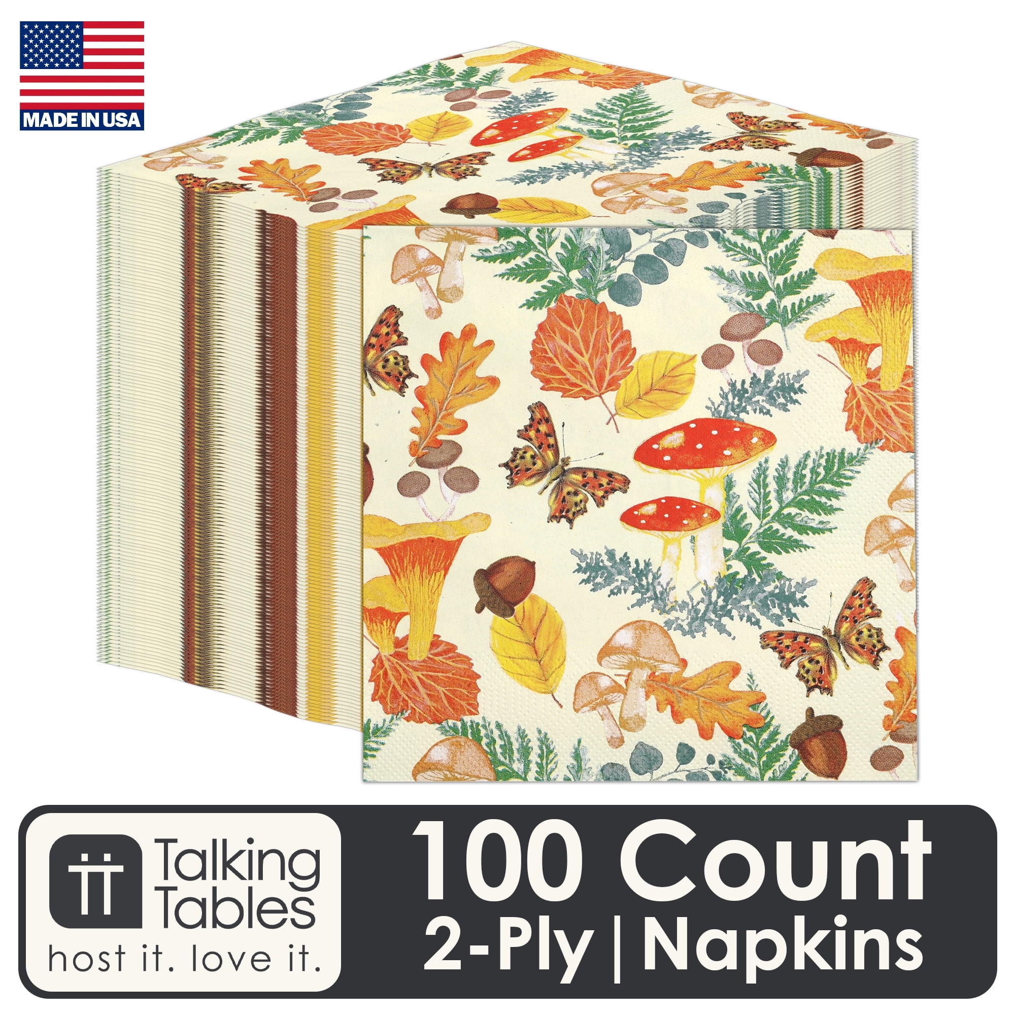 Talking Tables 100 x Disposable Fall Paper Napkins, Made in USA -2ply Recyclable Disposable Bulk Serviettes Decoupage Autumnal Patterned Napkin Thanksgiving Harvest Woodland Mushrooms Christmas