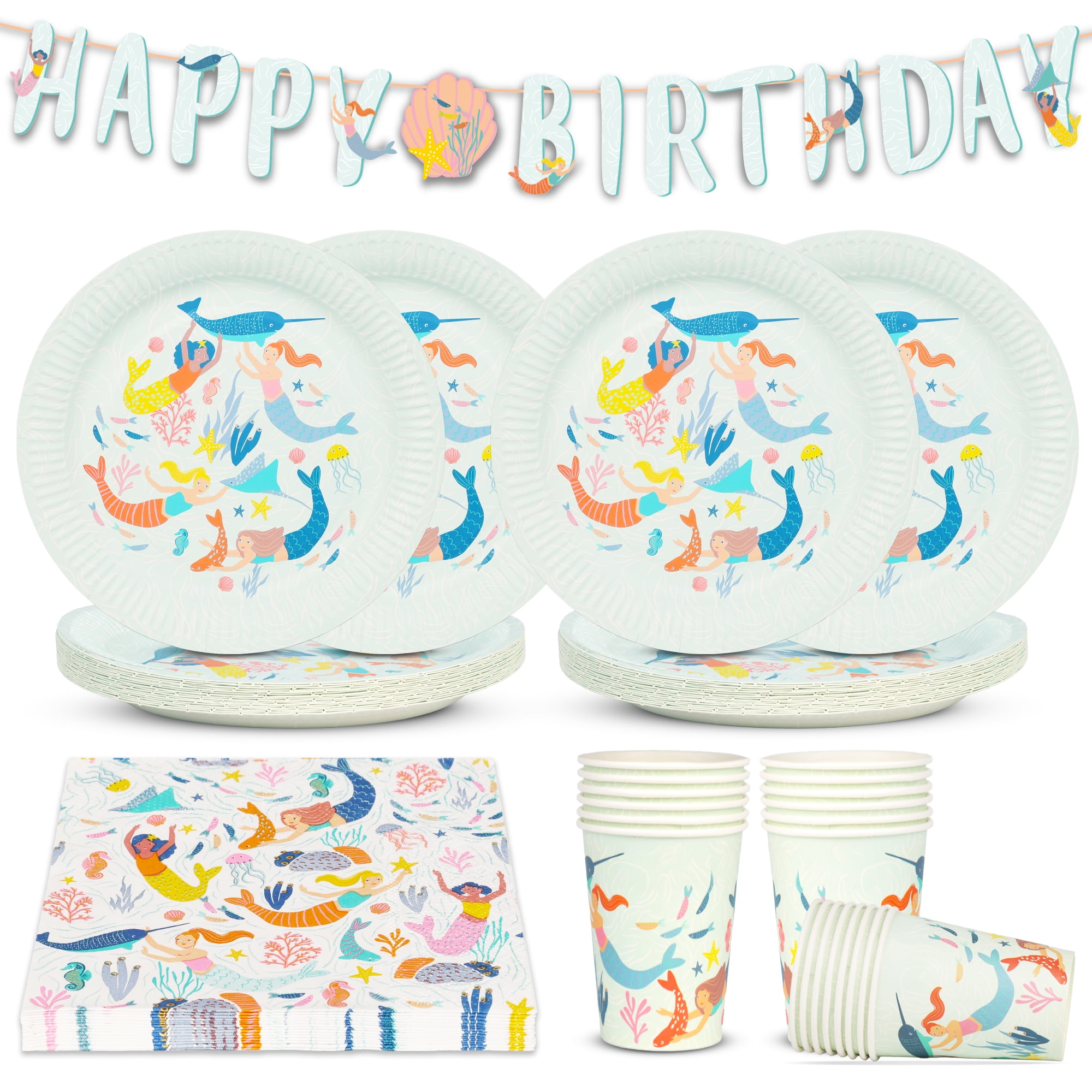 Talking Tables Mermaid Party Decorations and Tableware 50pcs Bundle Includes Happy Birthday Reusable Bunting, 16 x Napkins, Cups, Paper Plates, Disposable Table cover Under the Sea-Themed