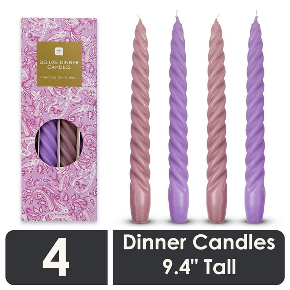 Talking Tables Spiral Taper Candles, 4-Pack – Italian Twisted Dinner Candles in Lilac & Pink, 9.4" Tall – Elegant Gift for Valentine's Day or Christmas