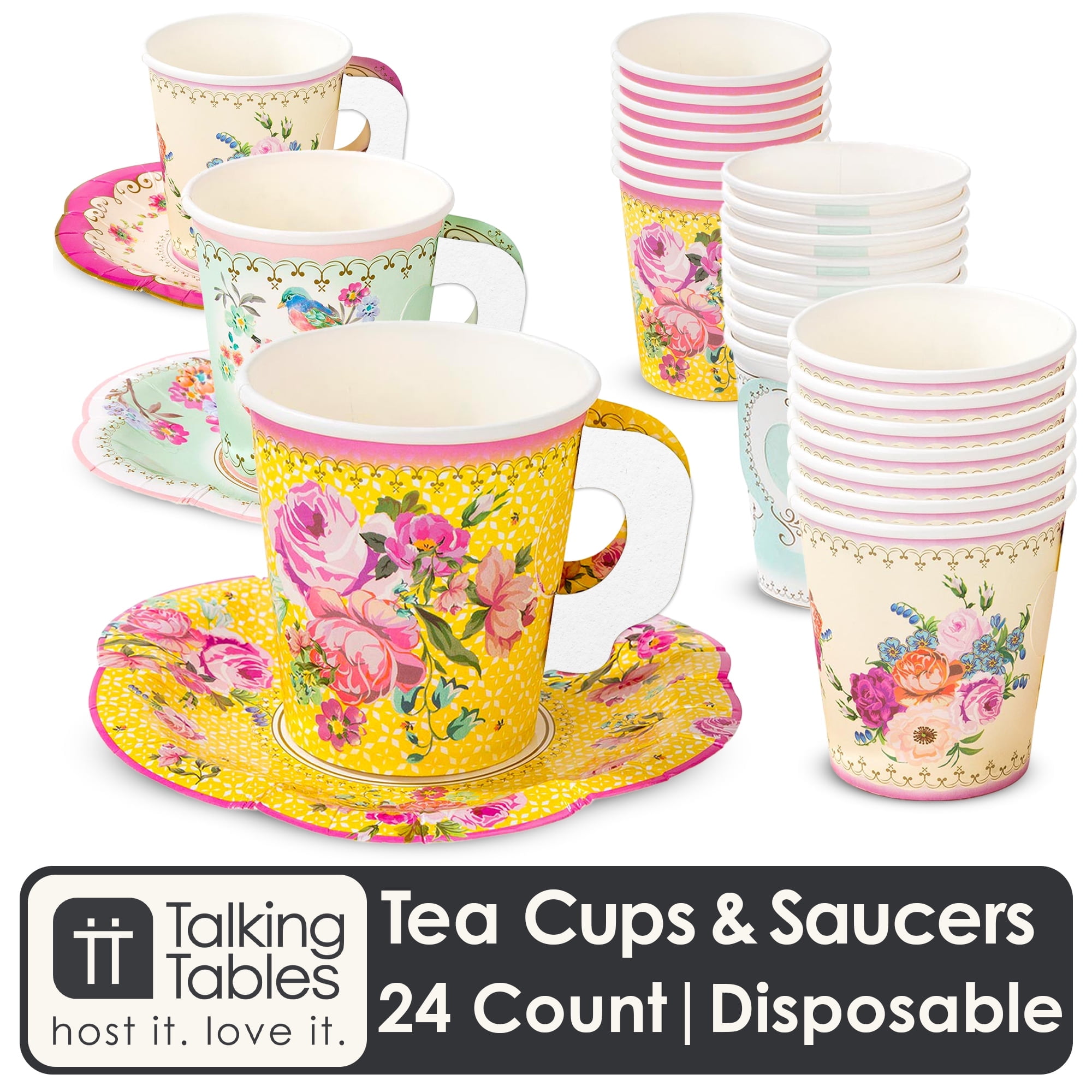 Talking Tables 24 x Vintage Paper Floral Disposable Tea Cups & Saucer Set, Afternoon Tea Party Table Decorations For Mothers Day, Birthday, Baby Shower, Wedding
