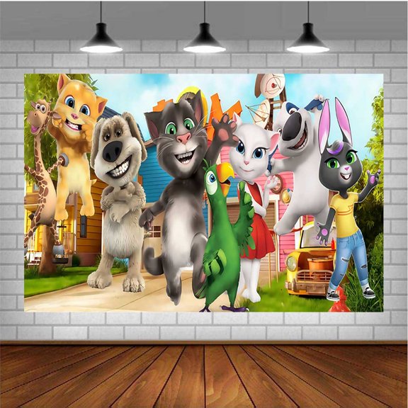 Talking Tom Themed Birthday Backdrop Banner - Hanging Wall Decor Tapestry for Party Celebrations