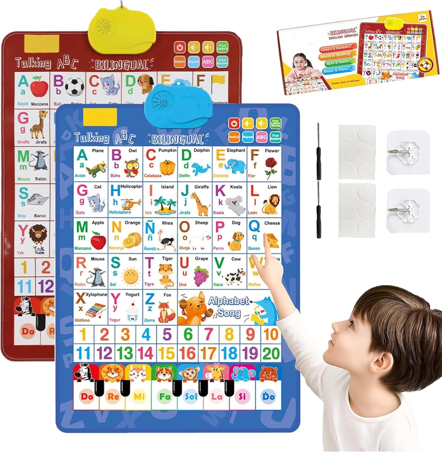 Talking Wall Chart, Bilingual English & Spanish Learning Poster with ABCs, Numbers and Piano, Interactive Educational Toy