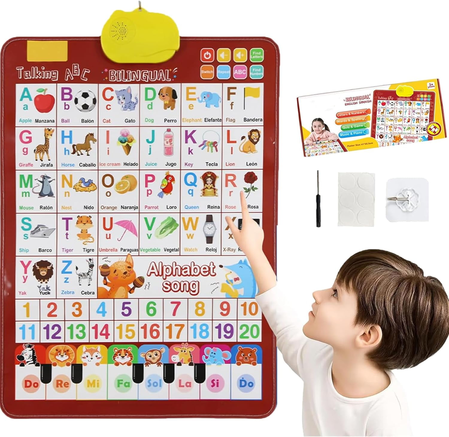 Talking Wall Chart, Bilingual English & Spanish Learning Poster with ABCs, Numbers and Piano, Interactive Educational Toy