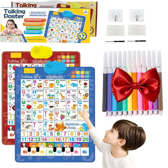 Talking Wall Chart for Kids,2026 New Electronic Alphabet Wall Chart, English & Spanish Learning Poster with Songs, ABCs, Numbers, Animal Words & Piano, for Toddlers 1–6