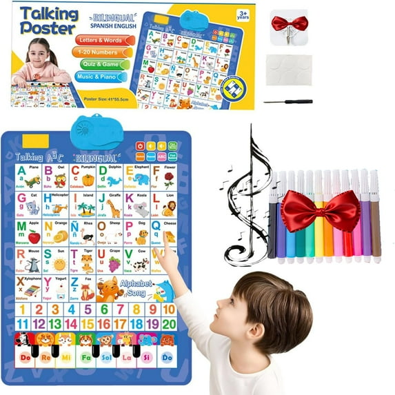 Talking Wall Chart for Kids,2026 New Electronic Alphabet Wall Chart, English & Spanish Learning Poster with Songs, ABCs, Numbers, Animal Words & Piano, for Toddlers 1–6