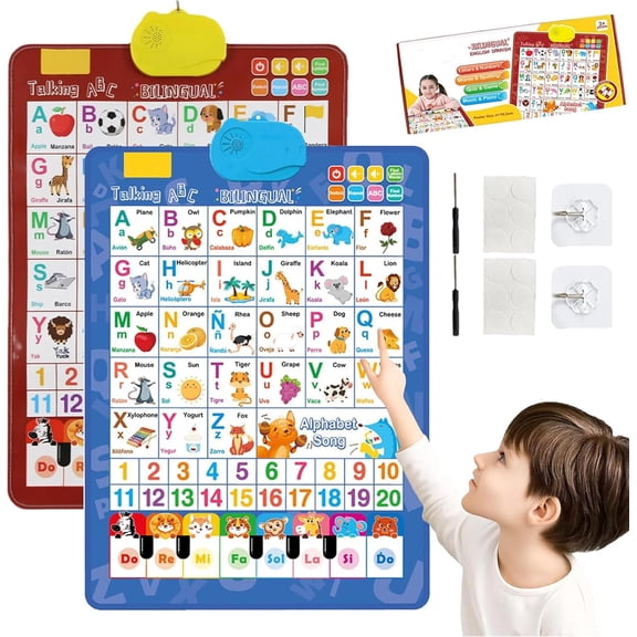 Talking Wall Chart for Kids,Electronic Alphabet Wall Chart,Learning Toys,English & Spanish Learning Poster with Songs, ABCs, Numbers, Animal Words & Piano