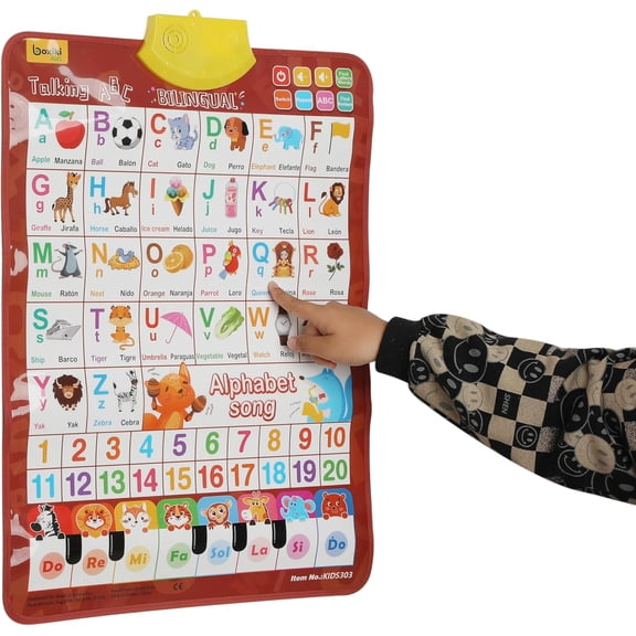 Talking Wall Chart for Kids, Bilingual English & Spanish Learning Poster with ABCs, Numbers, Animal Sounds and Piano, Interactive Educational Toy