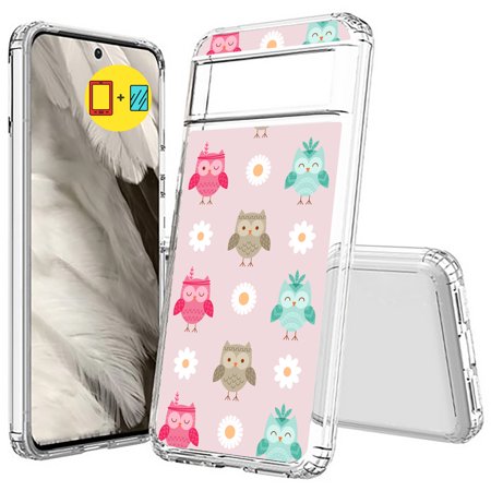 TalkingCase Hybrid Phone Case Compatible for Google Pixel 8a 2024(Not Pixel 8, 8 Pro), Cute Owl Pattern Print, w/ Glass Screen Protector, Acrylic Back, Raised Edges, USA Print
