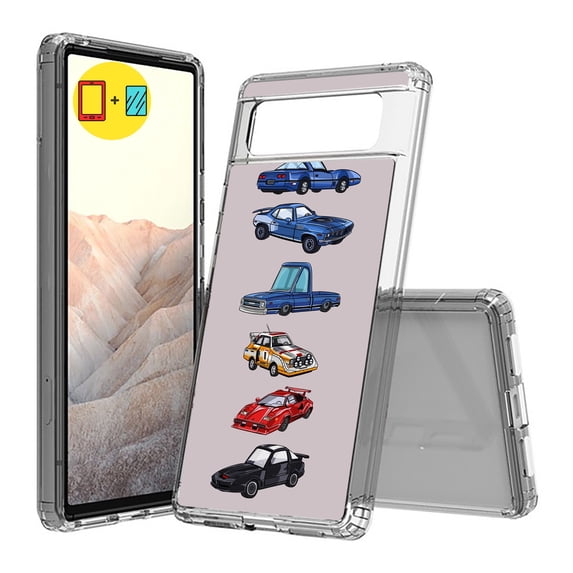 TalkingCase Hybrid Phone Cover Compatible for Google Pixel 6, Vintage Cars 2 Print, w/ Glass Screen Protector, Acrylic Back, Raised Edges, Print in USA