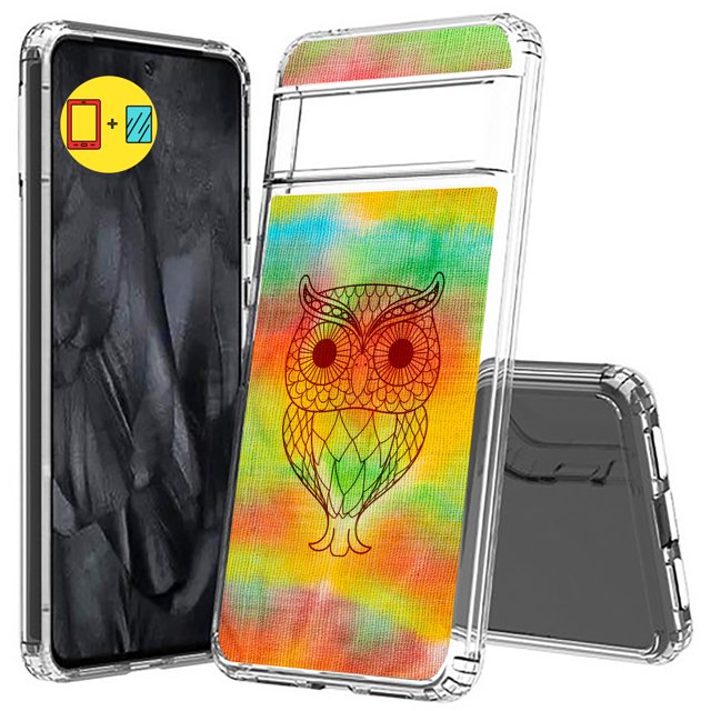 TalkingCase Hybrid Phone Cover Compatible for Google Pixel 8 Pro, Colorful Trippy Owl Print, w/ Glass Screen Protector, Acrylic Back, Raised Edges, USA