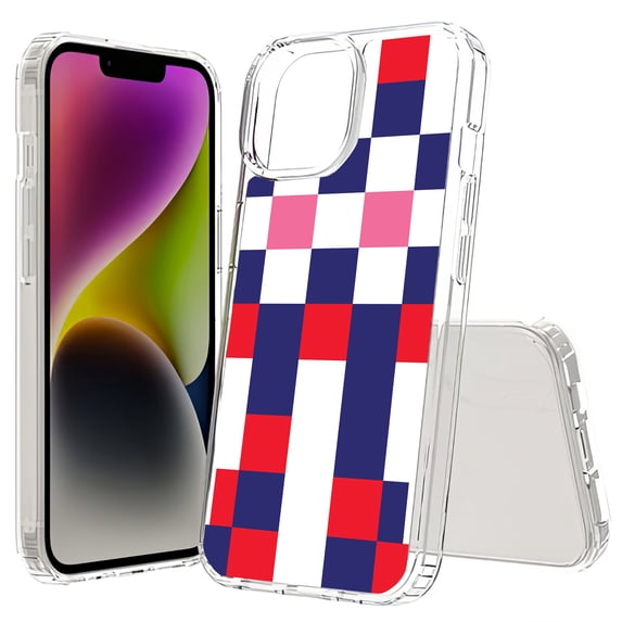 TalkingCase Hybrid Phone Cover Compatible for Apple iPhone 15 Plus, Blue Red Pattern Print, Acrylic Back, Raised Edges, USA