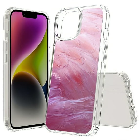 TalkingCase Hybrid Phone Cover Compatible for Apple iPhone 15 Plus, Pink Feather Print, Acrylic Back, Raised Edges, USA