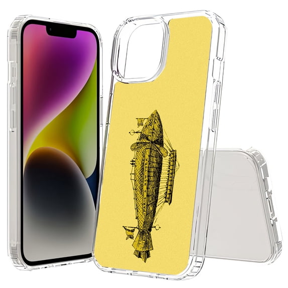 TalkingCase Hybrid Phone Cover Compatible for Apple iPhone 15 Plus, Spaceship Yellow Print, Acrylic Back, Raised Edges, USA