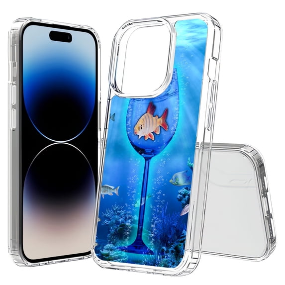 TalkingCase Hybrid Phone Cover Compatible for Apple iPhone 15 Pro, A Glass Of Fish Print, Acrylic Back, Raised Edges, USA