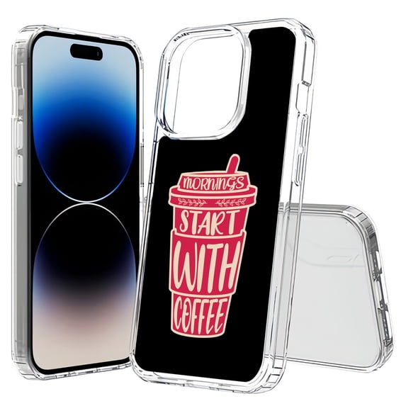 TalkingCase Hybrid Phone Cover Compatible for Apple iPhone 15 Pro Max, Start With Coffee Print, Acrylic Back, Raised Edges, USA