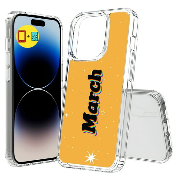 TalkingCase Hybrid Phone Cover Compatible for Apple iPhone 15 Pro, Month March Print, w/ Glass Screen Protector, Acrylic Back, Raised Edges, USA