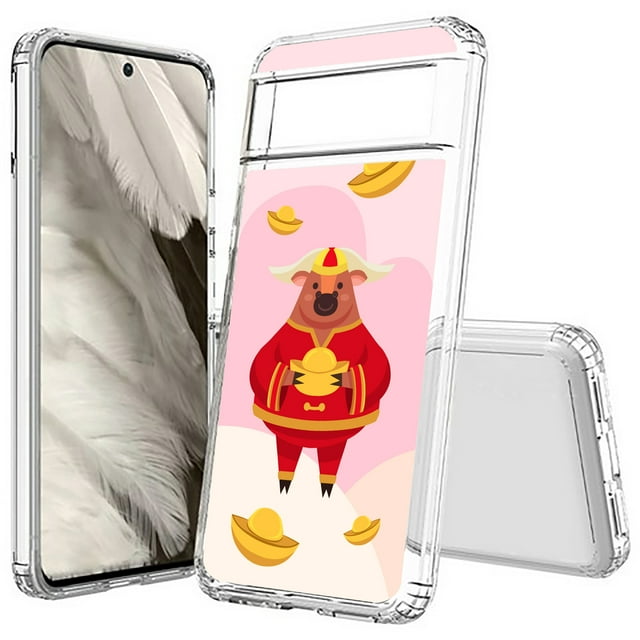 TalkingCase Hybrid Phone Cover Compatible for Google Pixel 7a, Year of the Ox 2 Print, Acrylic Back, Raised Edges, Print in USA