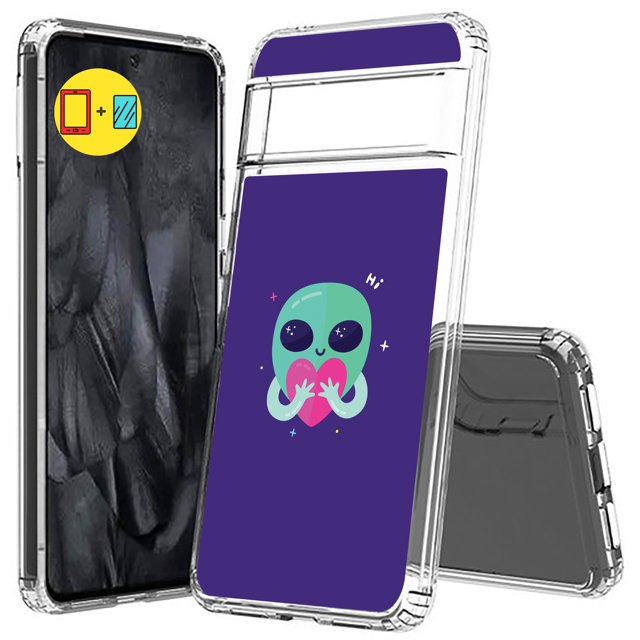 TalkingCase Hybrid Phone Cover Compatible for Google Pixel 8 Pro, Hi Cute Alien Print, w/ Glass Screen Protector, Acrylic Back, Raised Edges, USA