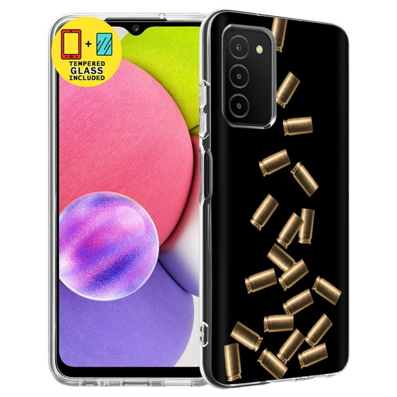 TalkingCase Slim Case Compatible for Samsung Galaxy A03s, Glass Screen Protector Incl, 9mm Bullet Shells Print, Lightweight, Flexible, Soft, USA