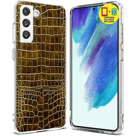 TalkingCase Slim Case Compatible for Samsung Galaxy S21 FE 5G, Glass Screen Protector Incl, Brown Crocodile Print, Lightweight, Soft, USA