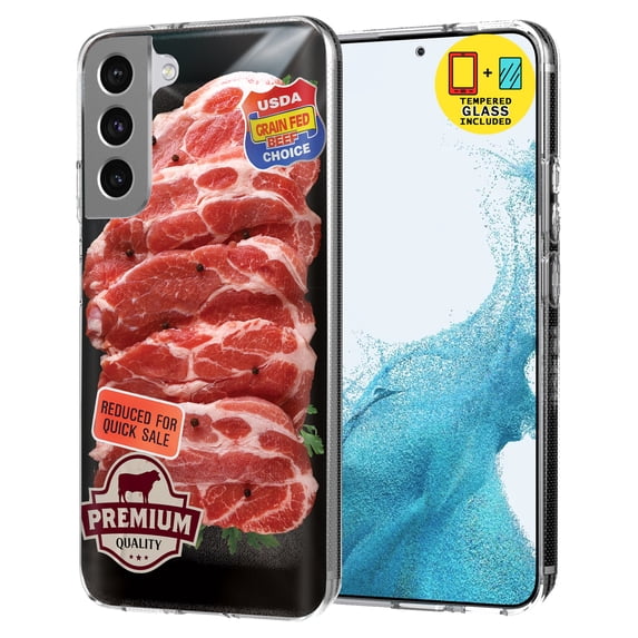 TalkingCase Slim Case Compatible for Samsung Galaxy S22 5G, Glass Screen Protector Incl, Beef Print, Lightweight,Flexible,Soft, USA