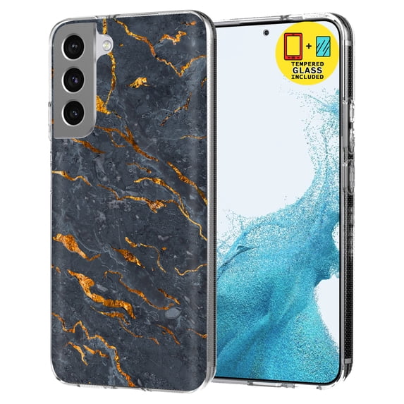 TalkingCase Slim Case Compatible for Samsung Galaxy S22 5G, Glass Screen Protector Incl, Black Gold Marble Print, Lightweight,Flexible,Soft, USA