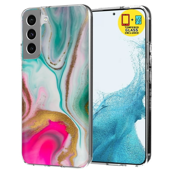 TalkingCase Slim Case Compatible for Samsung Galaxy S22 5G, Glass Screen Protector Incl, Colorful Marble Print, Lightweight,Flexible,Soft, USA