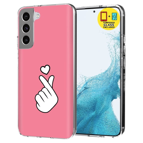 TalkingCase Slim Case Compatible for Samsung Galaxy S22 5G, Glass Screen Protector Incl, Cute Finger Heart Print, Lightweight,Flexible,Soft, USA