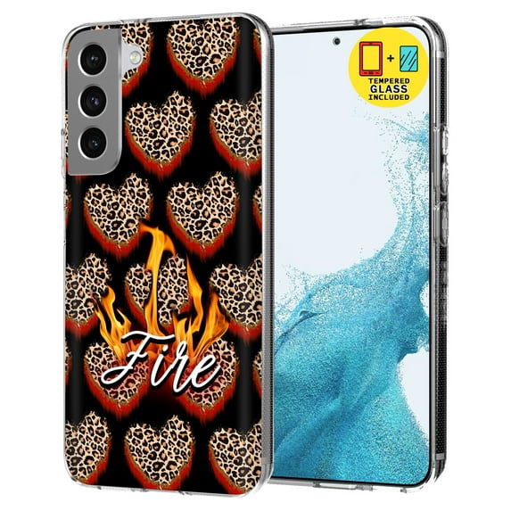 TalkingCase Slim Case Compatible for Samsung Galaxy S22 5G, Glass Screen Protector Incl, Leopard Fire Hearts Print, Lightweight,Flexible,Soft, USA