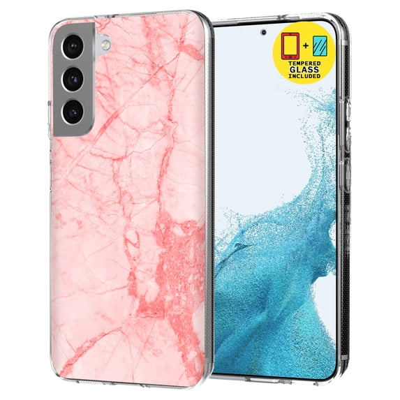 TalkingCase Slim Case Compatible for Samsung Galaxy S22 5G, Glass Screen Protector Incl, Pink Red Marble Print, Lightweight,Flexible,Soft, USA