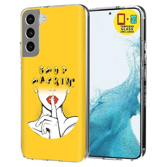 TalkingCase Slim Case Compatible for Samsung Galaxy S22 5G, Glass Screen Protector Incl, Stop Talkin Print, Lightweight,Flexible,Soft, USA