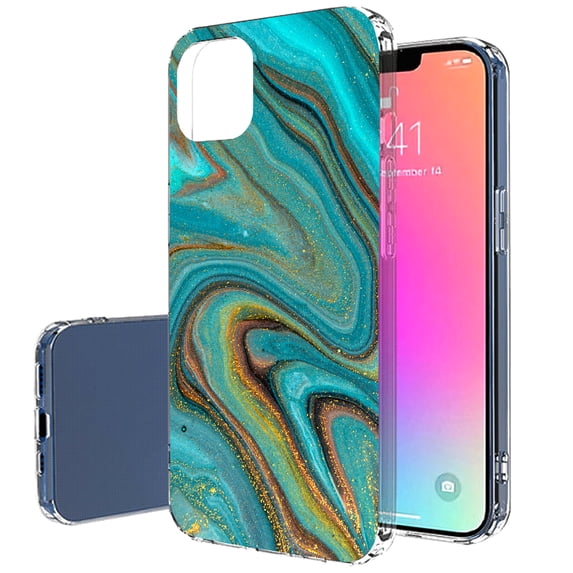 TalkingCase Slim Case for Apple iPhone 13, Gold Blue Marble Print, Lightweight, Soft, USA