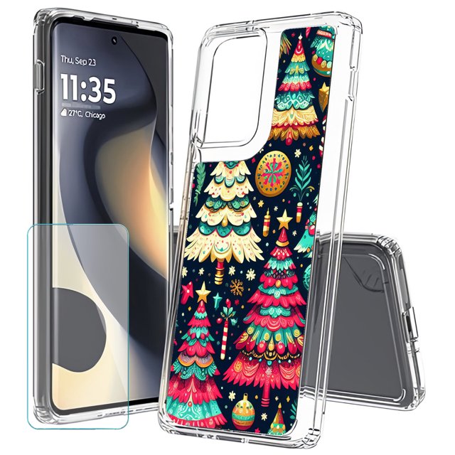 TalkingCase Slim Fit Phone Case Compatible for Motorola Edge 2024(Not Edge 50, Edge 2023), Colorful Xmas Trees Print, w/ Glass Screen Protector, Lightweight,Flexible, USA Print
