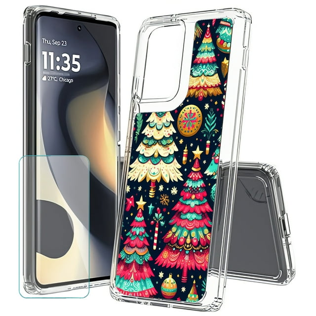 TalkingCase Slim Fit Phone Case Compatible for Motorola Edge 2024(Not Edge 50, Edge 2023), Colorful Xmas Trees Print, w/ Glass Screen Protector, Lightweight,Flexible, USA Print