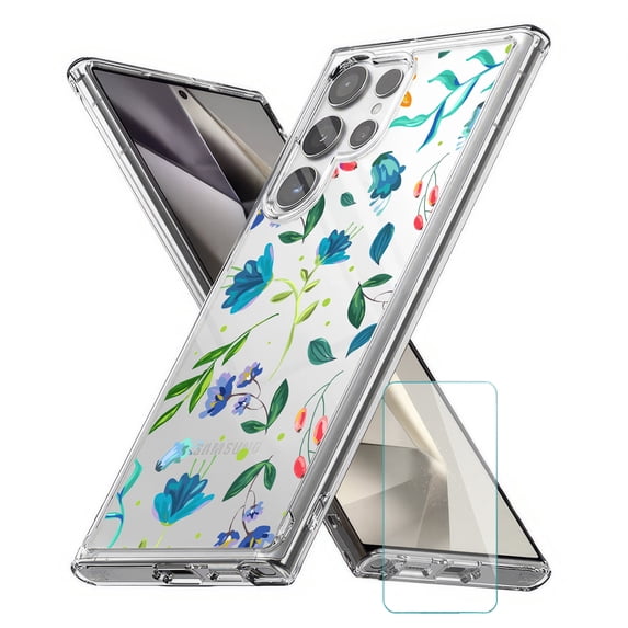 TalkingCase Slim Fit Phone Case Compatible for Samsung Galaxy S24 Ultra(Not S24, S24+ Plus), Flower 2 Print, w/ Glass Screen Protector, Lightweight,Flexible, USA Print